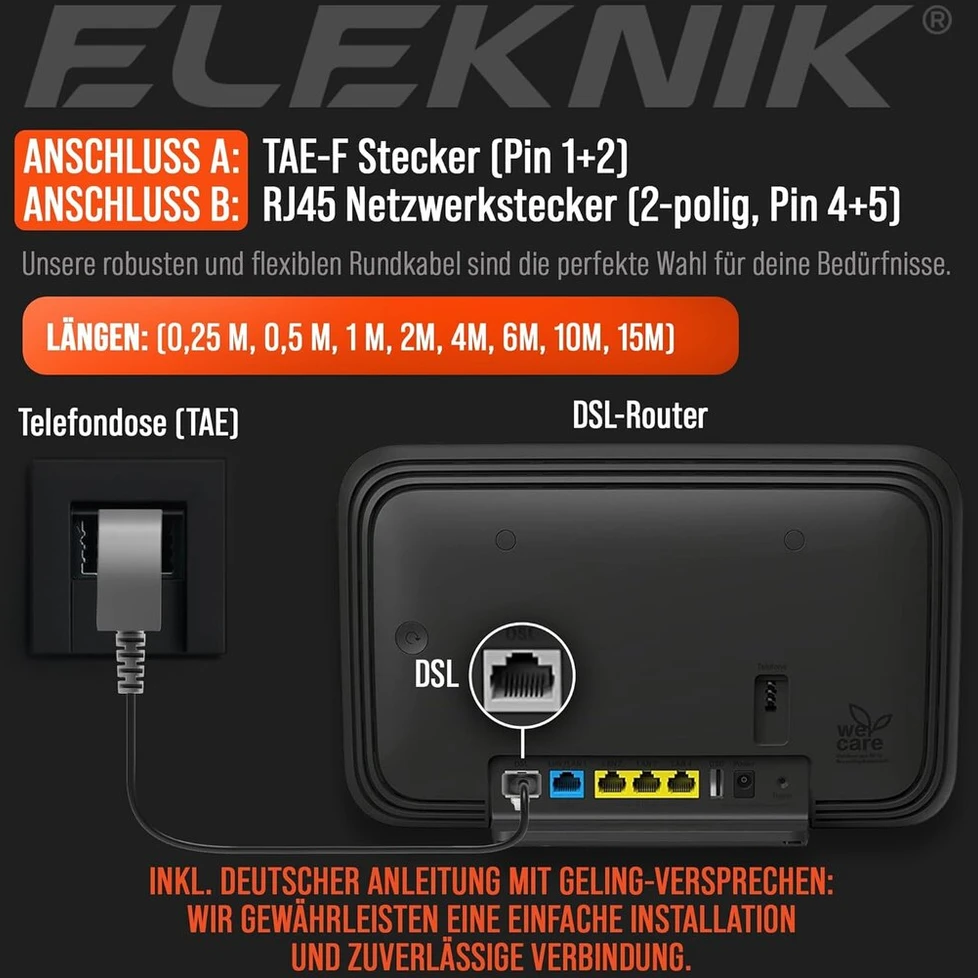 Eleknik Dsl kabelis, 2 m, juodas, didelės spartos Vdsl 250 Mbps, Tae-f į Rj45, tvirtas interneto kabelis, su galvanizuotu ženklu, skirtas maršrutizatoriui į telefono lizdą, Speedport & Fritzbox