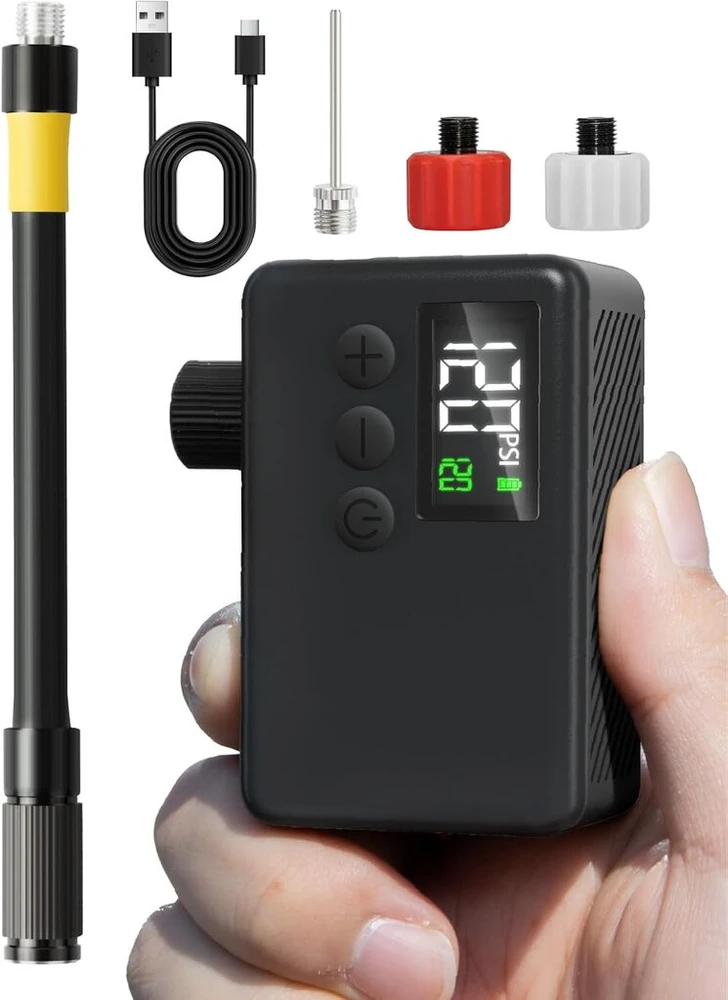 Elektrinis dviračio siurblys, dviračio priedai, 120 Psi belaidis dviračio siurblys su manometru, automatinis išjungimas ir led lemputė, skirtas elektriniams dviračiams, kalnų dviračiams, miesto ir plento dviračiams su presta ir schrader ventiliais