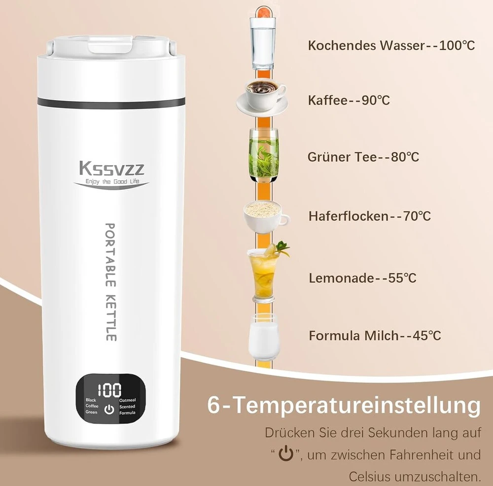 Elektrinis kelioninis virdulys mažas 450 ml, 100–240 V 300 W mini virdulys su 6 temperatūros nustatymais, nešiojamas kelioninis virdulys su 304 nerūdijančio plieno įdėklu – automatinis išjungimas, apsauga nuo įjungimo be vandens