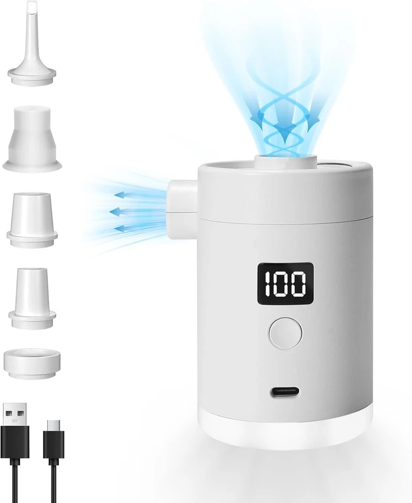 Elektrinis oro siurblys su baterija: 4000 Mah įkraunama baterija, lengvas ir itin greitas pripūtimas ir išpūtimas, mini nešiojamas elektrinis oro siurblys su kempingo lempa baseino oro čiužiniui