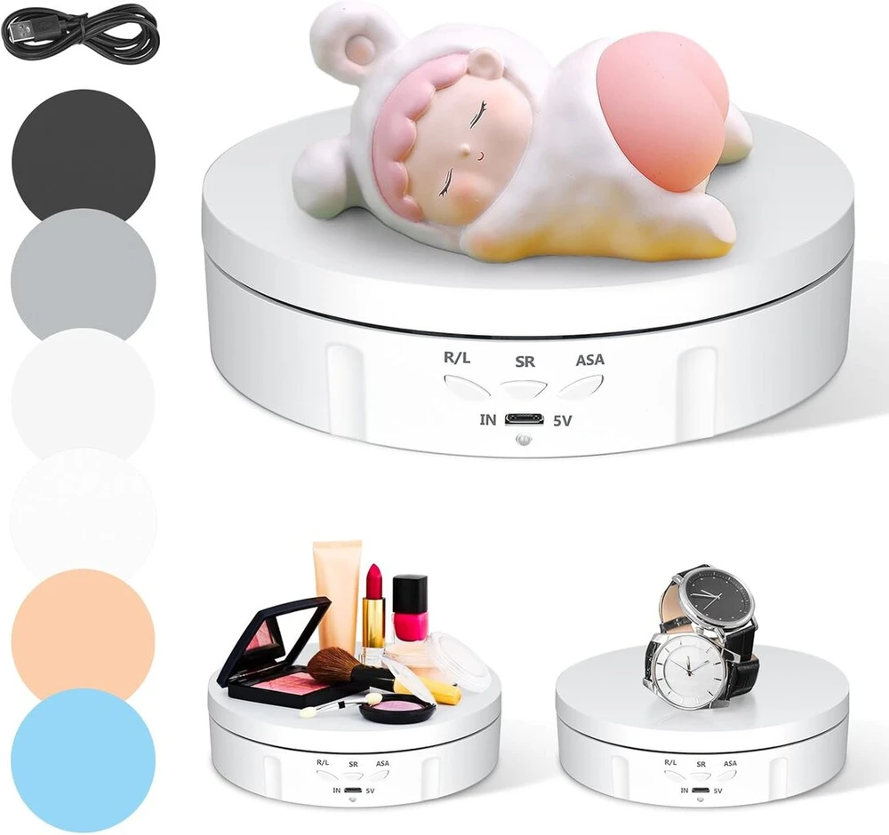 Elektrinis patefonas, Couleeur 360° krypties ir greičio reguliuojamas mini besisukantis patefonas, 10 kg automatinis patefonas fotografijai su 5 foniniais skydais papuošalams pristatyti