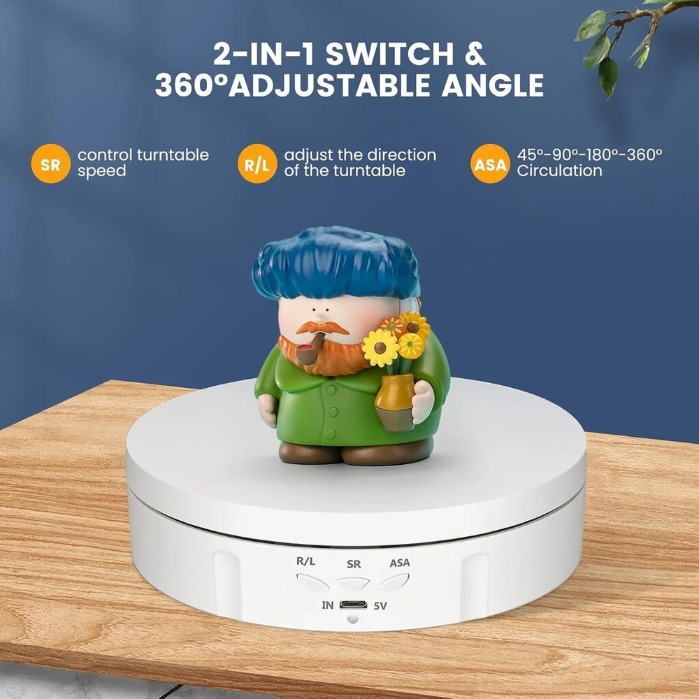 Elektrinis patefonas, Couleeur 360° krypties ir greičio reguliuojamas mini besisukantis patefonas, 10 kg automatinis patefonas fotografijai su 5 foniniais skydais papuošalams pristatyti