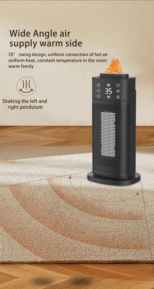 Elektrinis ventiliatorinis šildytuvas Ptc 1400w/2000w 70° Osciliacija, apsauga nuo perkaitimo ir apsauga nuo apvirtimo, 2 šildymo režimai + drėkinimo funkcija (juodas)