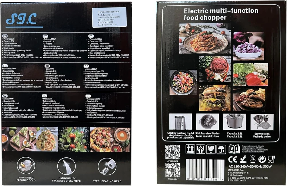 Elektrinis virtuvinis mėsos smulkintuvas, maišytuvas, 300 W, 2 l nerūdijančio plieno konteineris, 2 greičio lygiai, mėsos smulkintuvas su 4 nerūdijančio plieno peiliukais mėsai, svogūnams, vaisiams, daržovėms