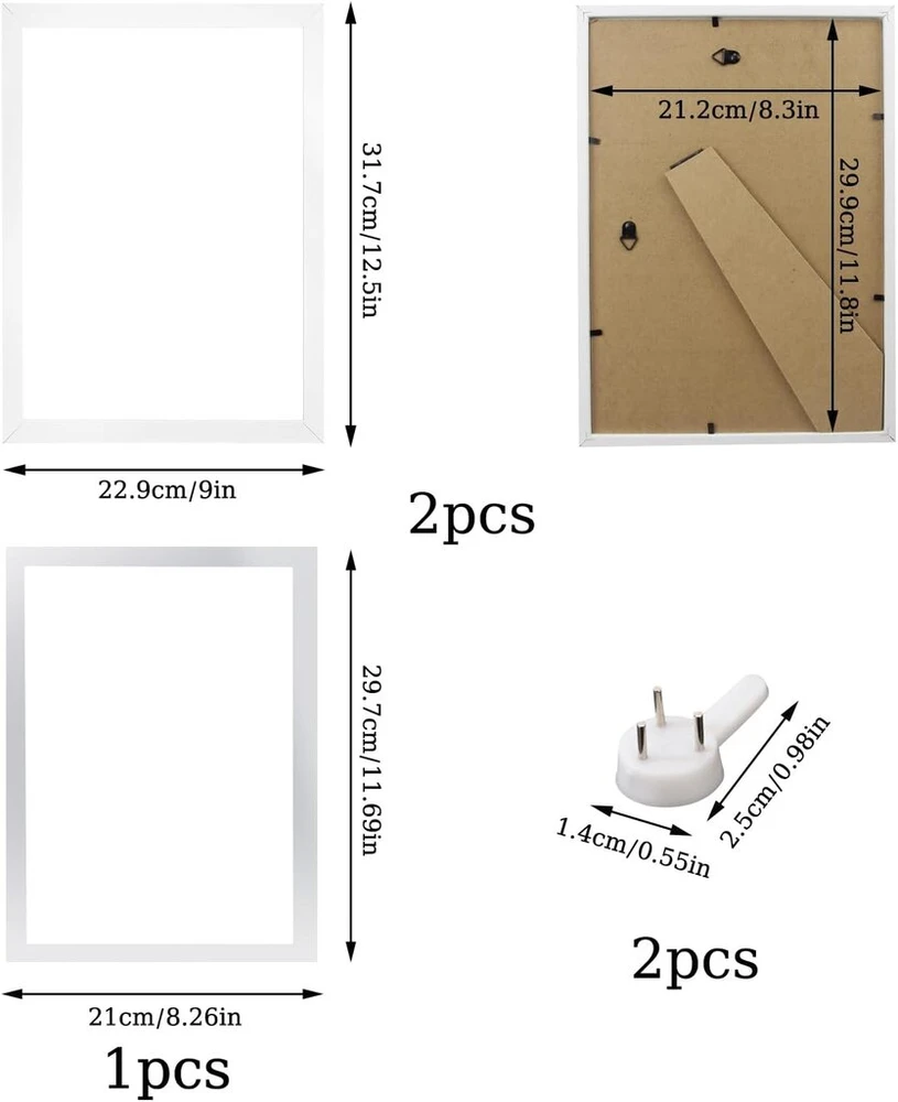 Plakatas Elepl 2 vnt. 21 x 29,7 cm nuotraukų rėmelių rinkinys, baltas A4 rėmelis su plexiglass langu, su stovu, modernus nuotraukų rėmelis, medinis rėmelis su magnetiniu lipduku, sidabrinis, skirtas plakatams ir dokumentams