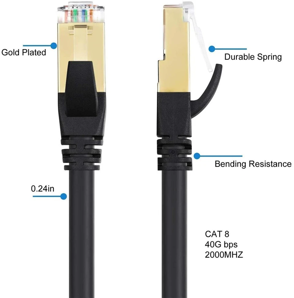 Elfcam® - 3m Cat 8 ethernet kabelis, apvalus lan wan tinklo kabelis, cat8 sftp 28awg, 2000mhz 40gbps su rj45 jungtimis, juodas (3m)