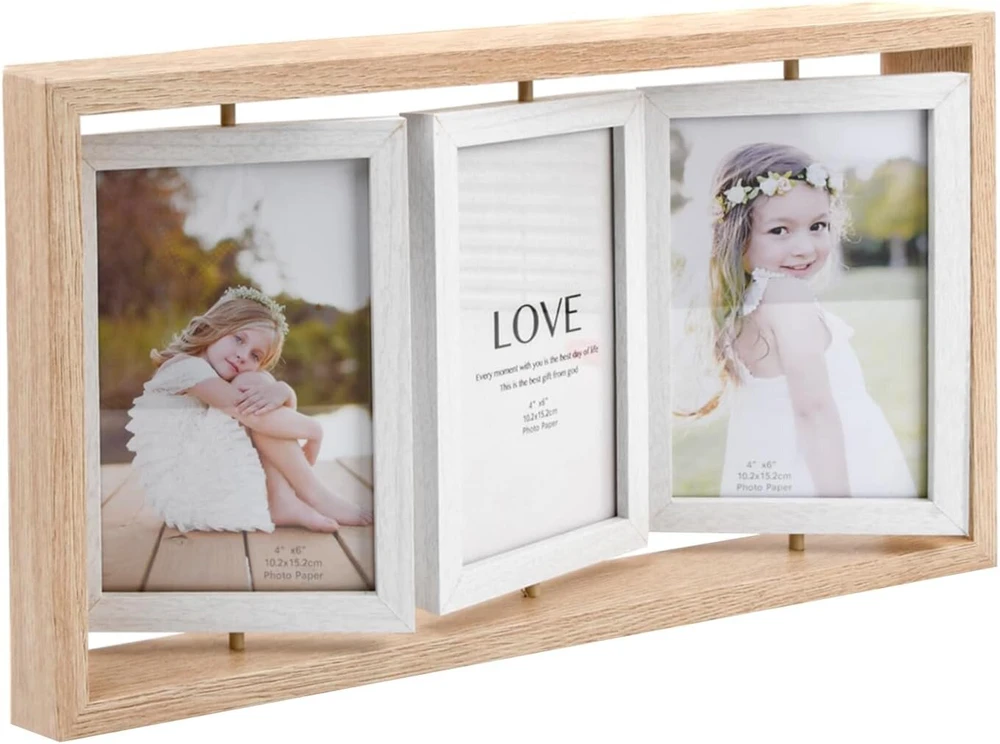 Plakatas Elitecran Rustic Wood trifold nuotraukų rėmelis, 10.2 x 15.2 cm, plaukiojantis medinis nuotraukų rėmelis, dvipusis ekranas, besisukantis nuotraukų rėmelis, daugialypis koliažas, modernūs paveikslai nuotraukų rėmeliui, nuotraukų koliažas