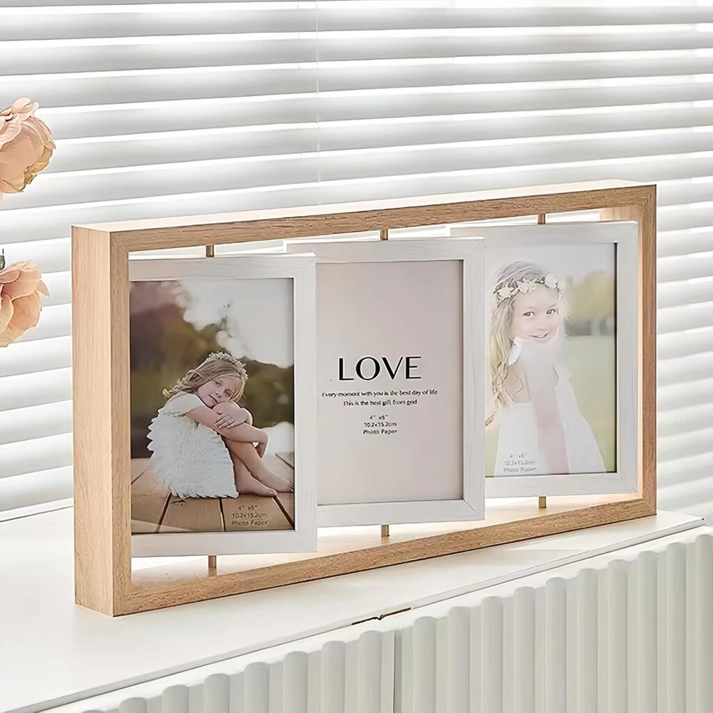 Plakatas Elitecran Rustic Wood trifold nuotraukų rėmelis, 10.2 x 15.2 cm, plaukiojantis medinis nuotraukų rėmelis, dvipusis ekranas, besisukantis nuotraukų rėmelis, daugialypis koliažas, modernūs paveikslai nuotraukų rėmeliui, nuotraukų koliažas