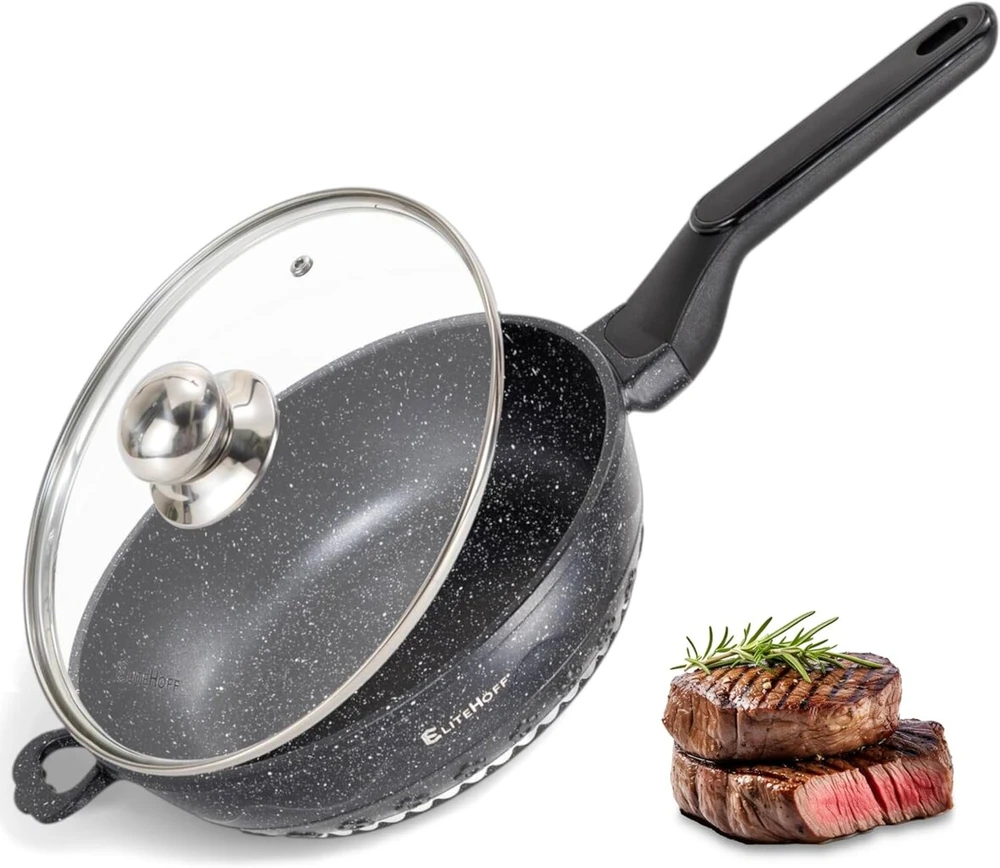 Elitehoff keptuvė su nelimpančia danga ir dangčiu, indukcinė keptuvė, aliumininė keptuvė su marmuro danga, tinkama visoms viryklėms (juoda, 24 cm)