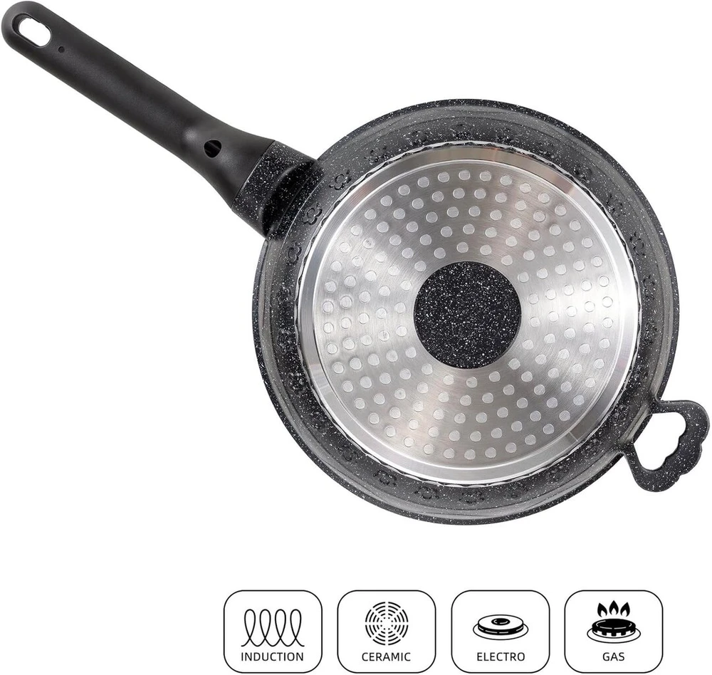 Elitehoff keptuvė su nelimpančia danga ir dangčiu, indukcinė keptuvė, aliumininė keptuvė su marmuro danga, tinkama visoms viryklėms (juoda, 24 cm)