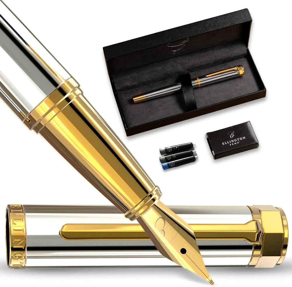 Ellington pens prabangus plunksnakotis su švelniu galiuku - rinkinyje yra daugkartinio naudojimo rašalo konverteris, 3 rašalo kasetės [juoda ir mėlyna], dovanų dėžutė - elegantiška kaligrafija
