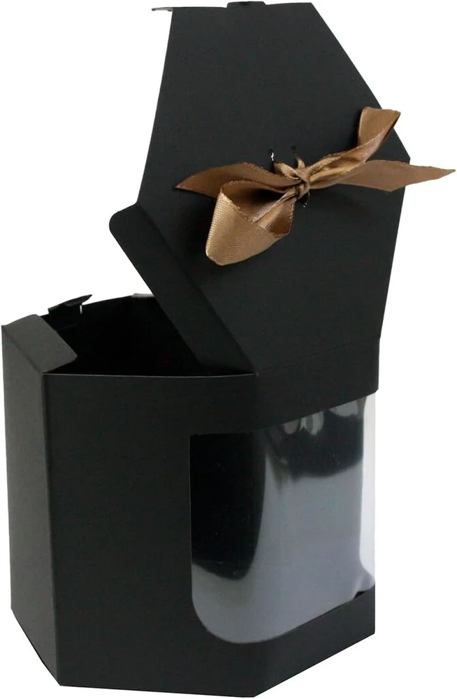 Emartbuy tvirtas popierinis stačias šešiakampis dovanų maišelis, 3,9 x 3,9 x 4,7 colio (10 cm x 10 cm x 12 cm), juodi kraft maišeliai, keksiukai, sausainiai, bandelės, torto dėžutė su skaidriu langu ir kaspinu, 24 vnt.