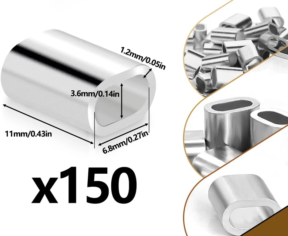 Emezddo 150 vnt. vielinių lynų spaustukų rinkinys, presavimo spaustukai, aliuminio įvorės, lynų spaustukai, metalinės įvorės, užspaudžiamos įvorės, droseliniai spaustukai, užveržimo įvorės, presavimo įvorės, lynų jungtys, skirti lynams, plieniniam kabeliu