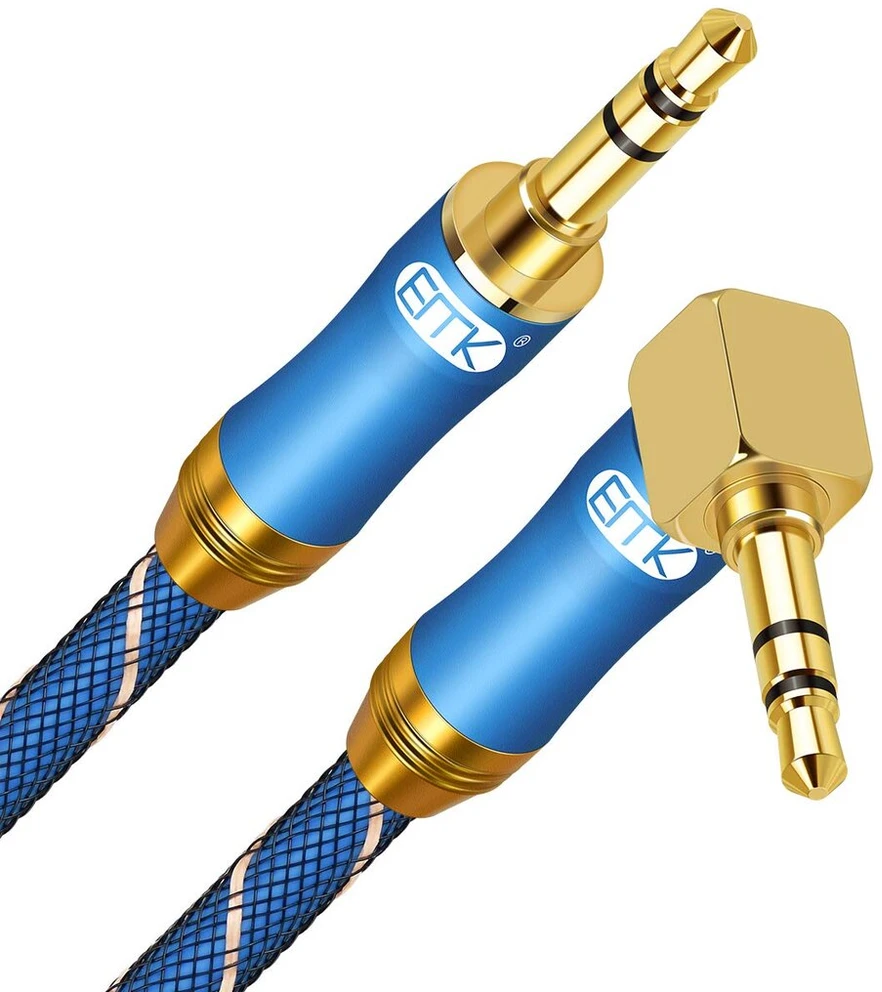 Emk Aux laidas 3.5 mm audio kabelis nailoninis pintas jack kabelis 3.5 ausinėms, išmaniesiems telefonams, garsiakalbiams, namų/automobilio stereo sistemoms, planšetiniams kompiuteriams (3.5 mm Trs stačiu kampu mėlynas, 2.4 m)