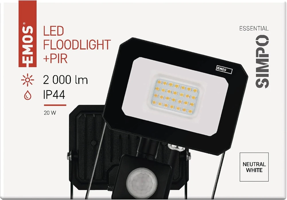 Emos simpo led prožektorius 20 w su judesio davikliu, atsparus vandeniui prožektorius drėgnoms patalpoms arba naudojimui lauke, itin ryškus 2000 lm neutrali balta 4000 k, tarnavimo laikas 25 000 valandų, įskaitant 20 cm jungiamąjį kabelį