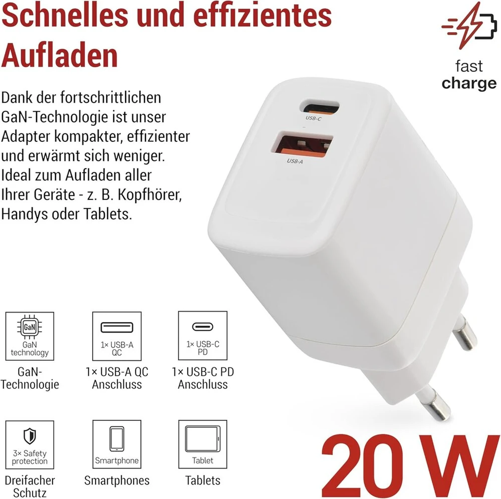 Emos - usb-a/c įkroviklis pd 20w - dvigubas usb maitinimo šaltinis su gan technologija - euro adapteris usb-c+a - 18w/20w usb įkrovimo kištukas powerdelivery išmaniesiems telefonams, iphone, planšetiniams kompiuteriams - 5-12 v, maks. 3 a - baltas