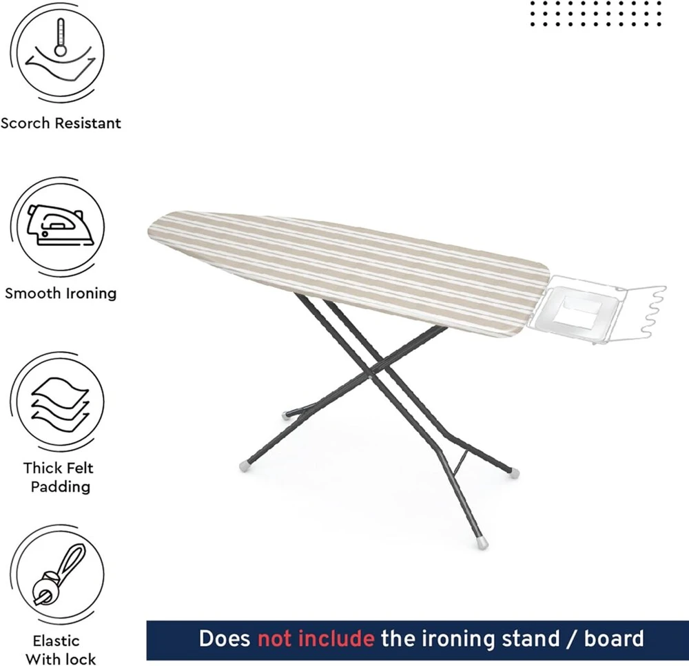 Encasa Xo pakaitinis lyginimo lentos užvalkalas su itin storu paminkštinimu, elastinis, (standartinėms plačioms ypač didelėms lentoms 135 x 45 cm), atspindintis karštį, atsparus karščiui, tvirtas, Franca rusvai gelsvas Stripes