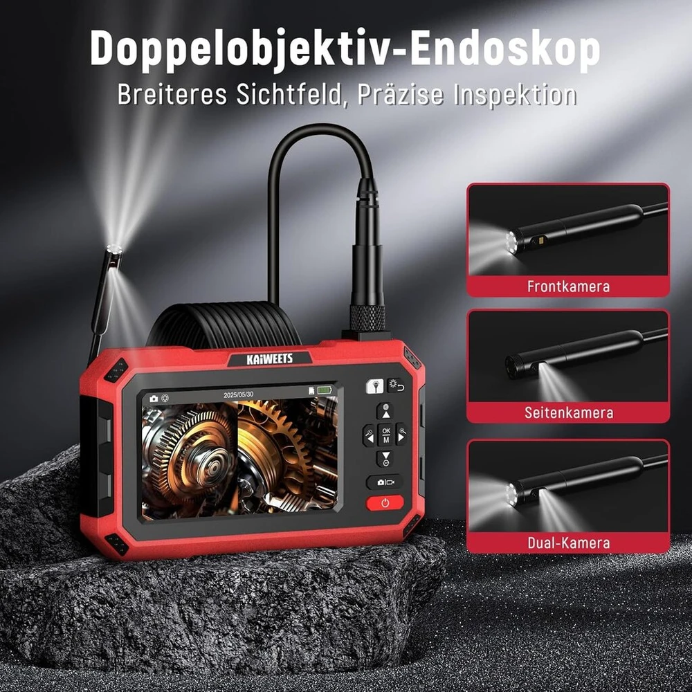Endoskopinė kamera su šviesa, Kaiweets dviejų objektyvų 1920p inspekcinė kamera su 5" Ips padalintu ekranu, 6.9mm Ip67 vandeniui atspari kamera, 5m nuimamas pusiau standus kabelis ir 4000mah baterija automobiliui, vamzdžiui