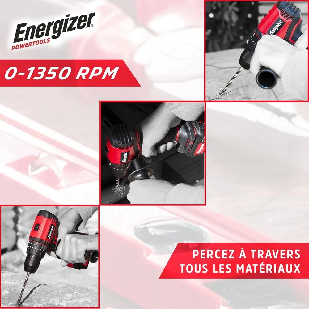 Energizer 20v akumuliatorinis perforatorius - 60nm, 0-1850rpm, 13mm griebtuvas, sukimo momento nustatymai - minkšta rankena - diržo spaustukas - akumuliatorius nepridedamas
