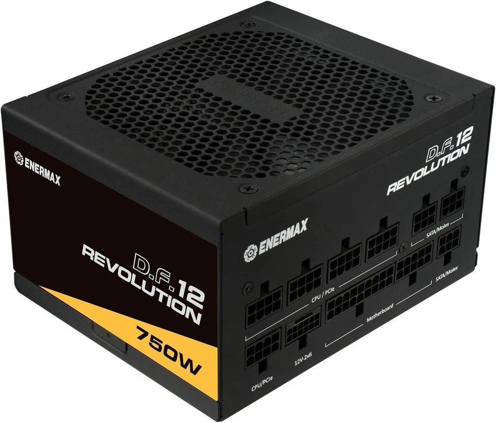 Enermax Revolution D.f. 12 Atx3.1 Pci-e 5.1 itin kompaktiškas 750w maitinimo šaltinis 80plus Gold (pilnai modulinis, 50% pusiau be ventiliatoriaus, 12v-2x6); Etv750g, juodas