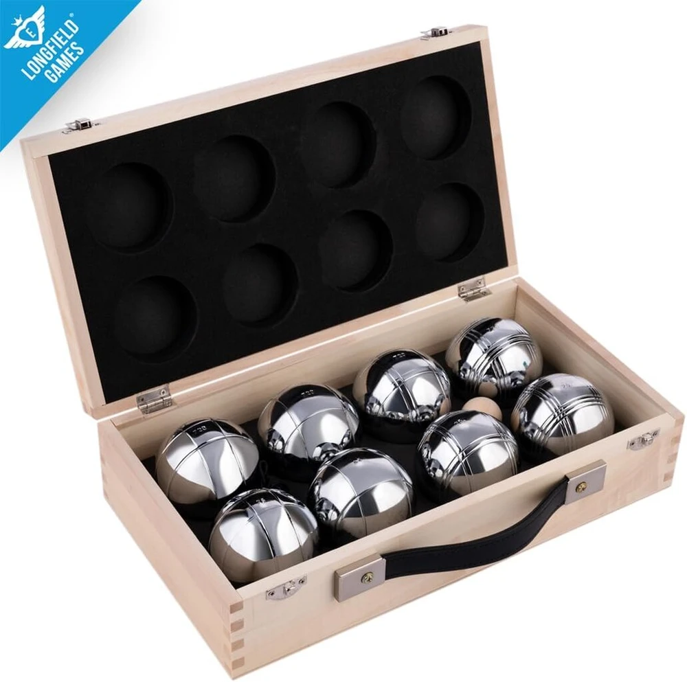 Engelhart - 010206 - prabangus medinis petankės žaidimas - 8 chromuoti boules rutuliai - medinis dėklas - žaidimas lauke - boules 74 mm + petankės priedai - 2–4 žaidėjai - nuo 6 metų