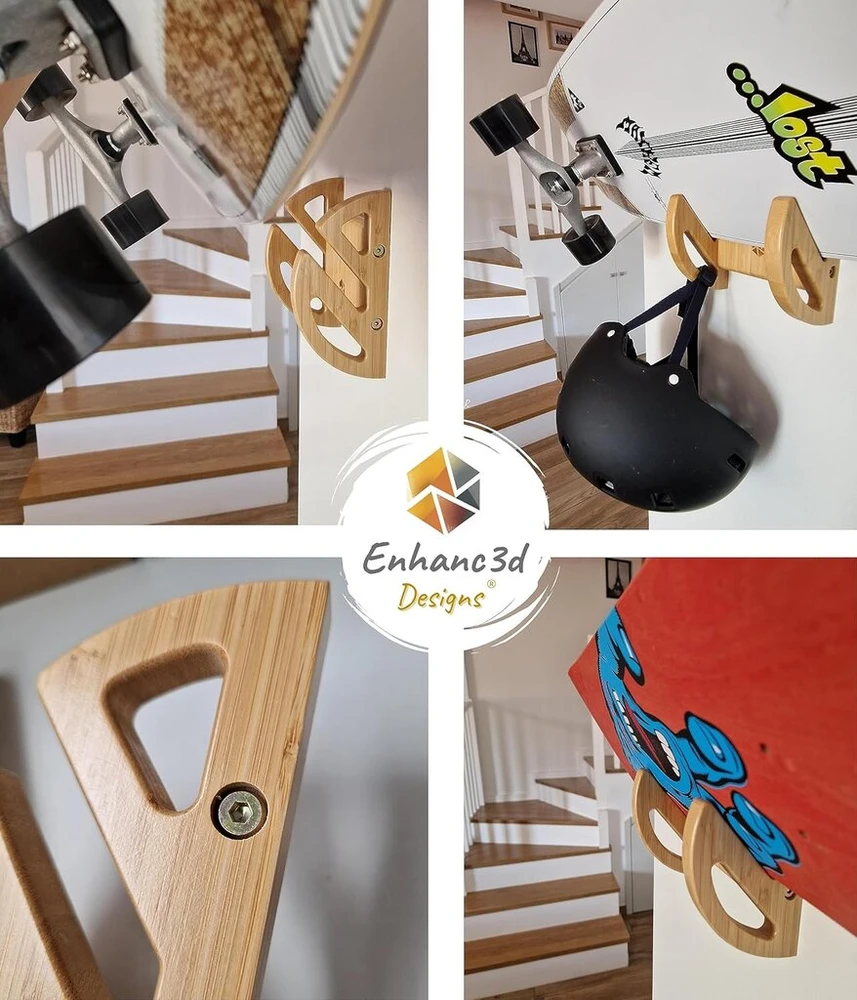 Enhanc3d Designs bambuko medienos riedlentės sieninis laikiklis, modernus patvarus dizainas, riedlentės sieninis pakabukas longboard'ui (1 riedlentė)