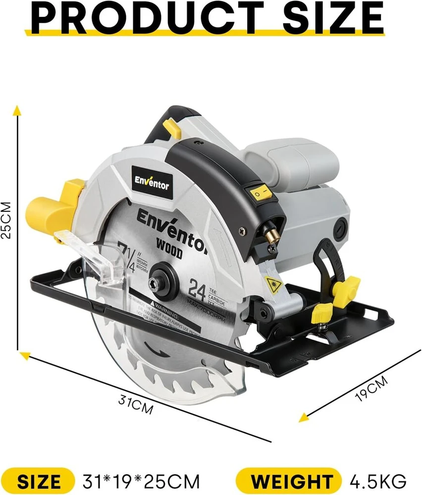 Enventor diskinis pjūklas 1200w, 185mm, su lazeriu ir kreipiančiąja