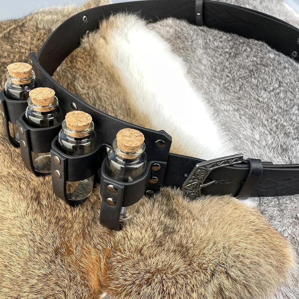Epiccos 4 dalių viduramžių alchemiko diržo juosmens krepšys su kelių eliksyrų buteliukais, vikingų kniedžių diržo šoninė kišenė Cosplay, juodas (juodas B), vieneto dydis