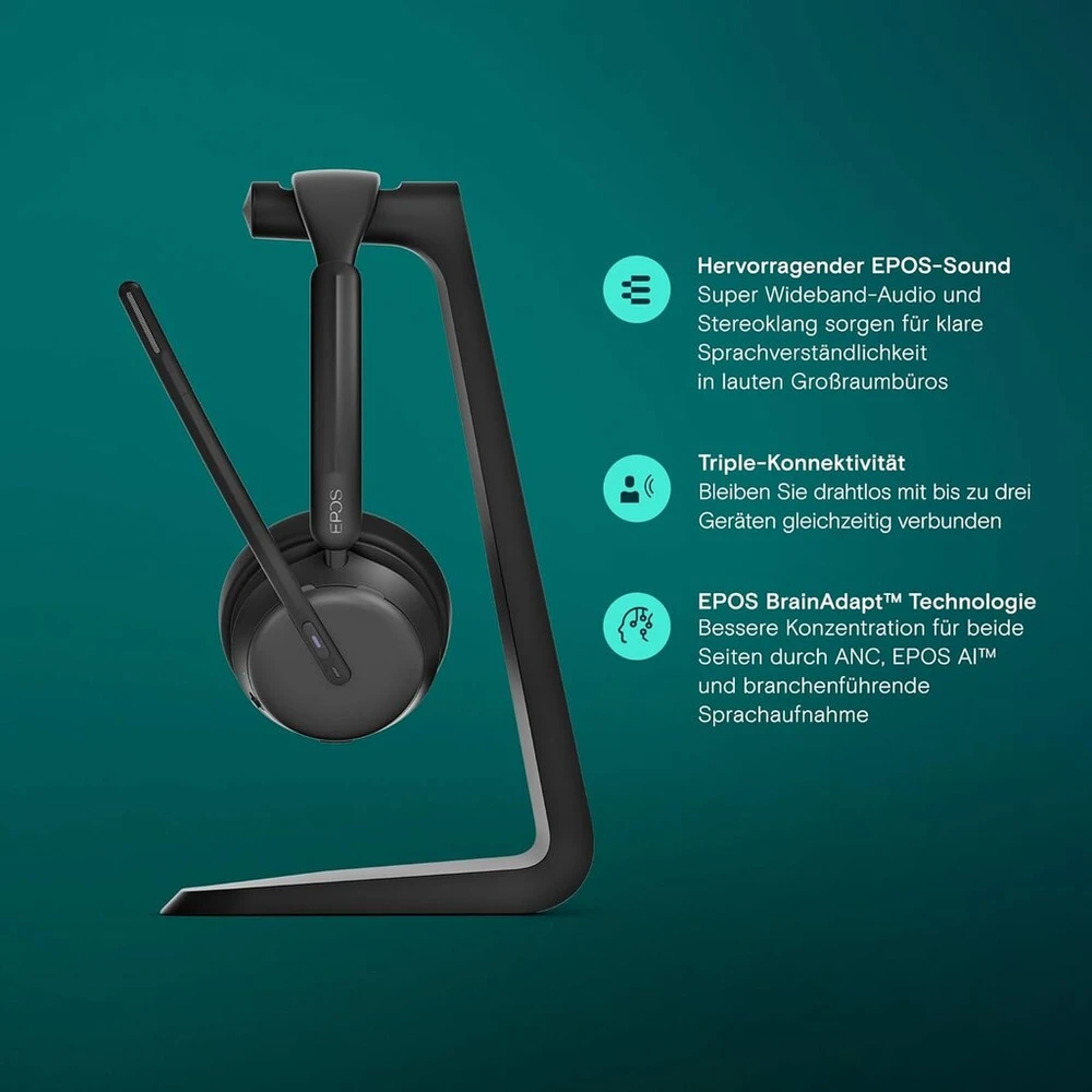 Epos Impact 1061t Anc profesionalios bluetooth ausinės – dvipusės, adaptyvus Anc, Ai balso atpažinimas, Brainadapt technologija, aukščiausios kokybės garsas didelio tankio biuro aplinkoms