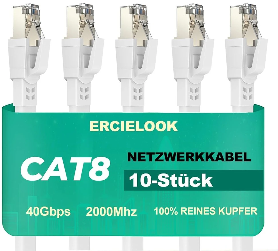 Ercielook Cat8 tinklo kabelis, 10 vnt., 0.15 m, 40 Gbps
