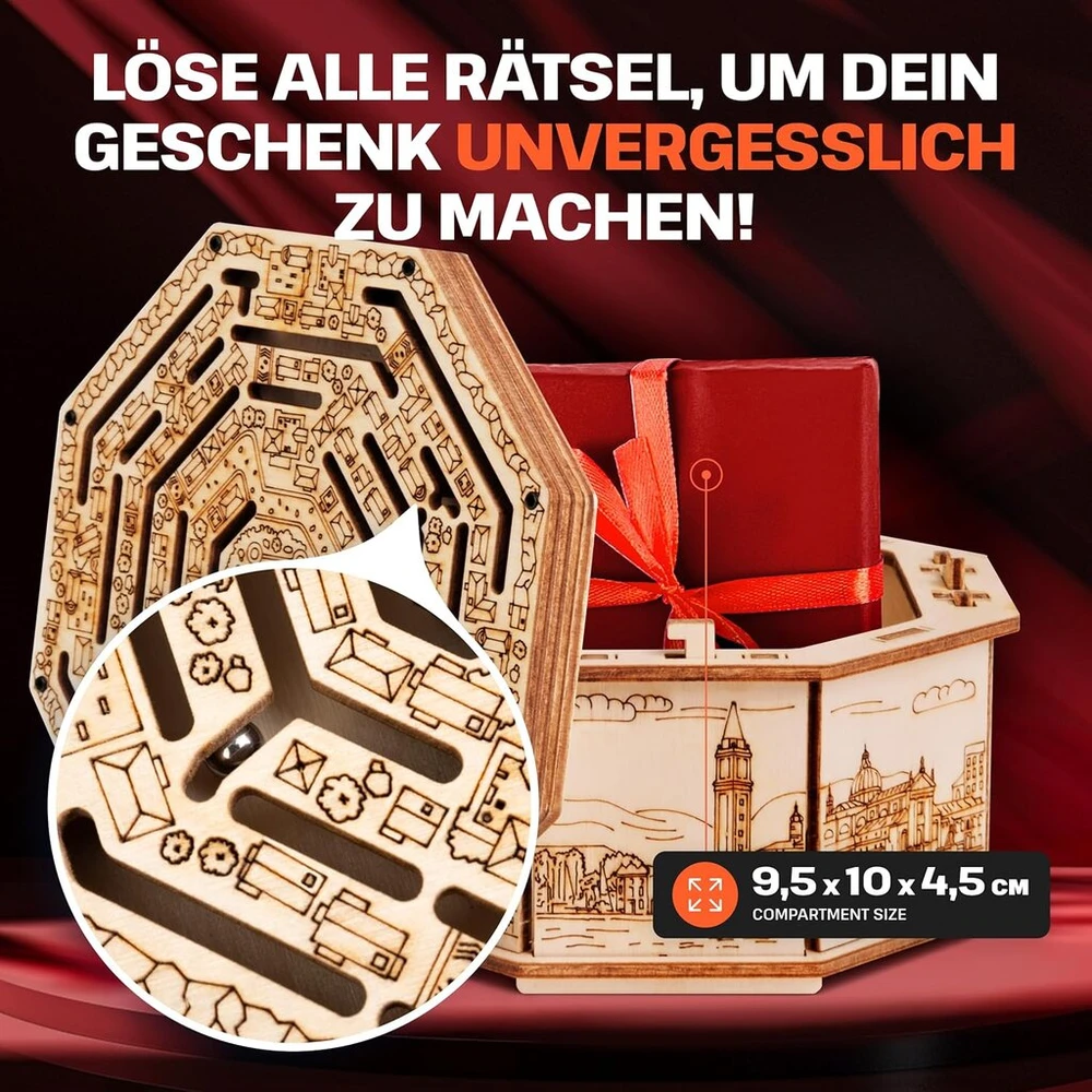Esc welt medinė paslapčių dėžutė-labirintas - kūrybinga dovanų dėžutė pinigams, kuponams, dovanų kortelėms - 3d medinis dėžutės žaidimas - dovanų galvosūkių žaidimas - dovanų dėžutė paaugliams ir suaugusiems - 3d medinis galvosūkis
