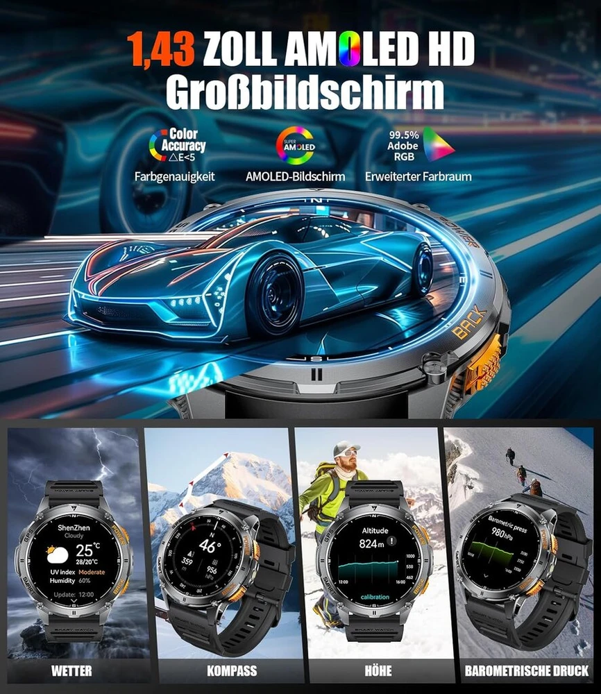 Esfoe dm4 išmanusis laikrodis vyrams su gps, 5atm atsparumu vandeniui, kompasu/barometru, slėgio/aukščio matuokliu, 1,43 colio hd amoled fitneso laikrodis su daugiau nei 170 sporto režimų, širdies ritmo/spo2 matuokliu, skirtas android ios, rudas