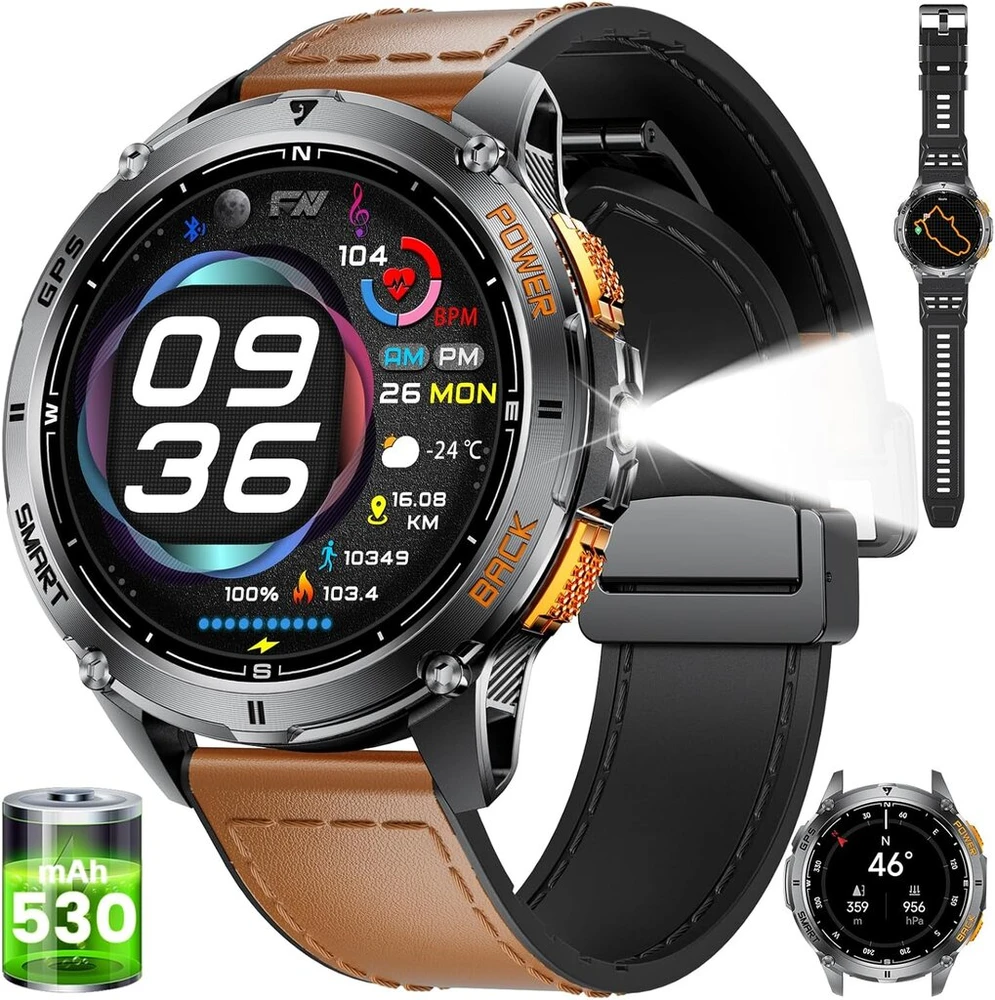 Esfoe dm4 išmanusis laikrodis vyrams su gps, 5atm atsparumu vandeniui, kompasu/barometru, slėgio/aukščio matuokliu, 1,43 colio hd amoled fitneso laikrodis su daugiau nei 170 sporto režimų, širdies ritmo/spo2 matuokliu, skirtas android ios, rudas