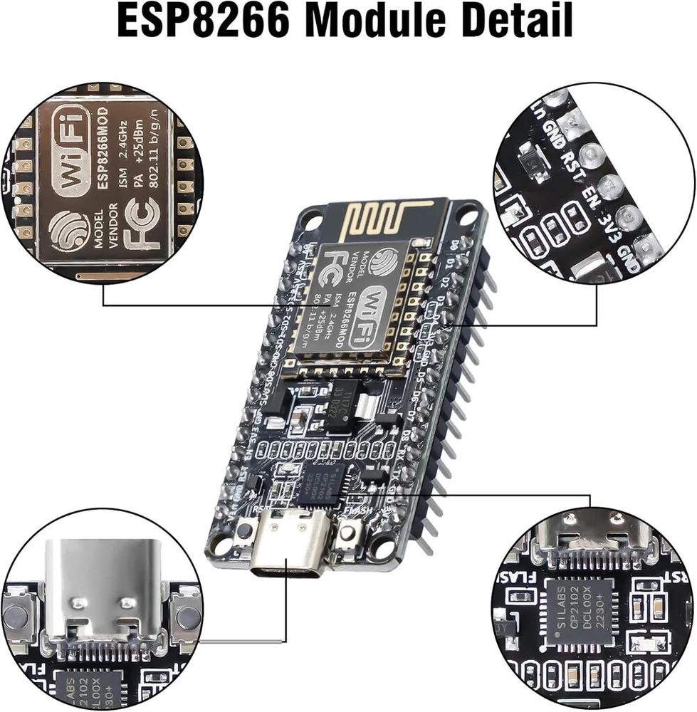 Vaizdo plokštė Esp8266 nodemcu lua v2 kūrimo plokštė ruizhi 3 vnt. esp8266 esp-12f lua wifi nodemcu su cp2102 moduliu type-c sąsaja, suderinama su arduino ide/micropython