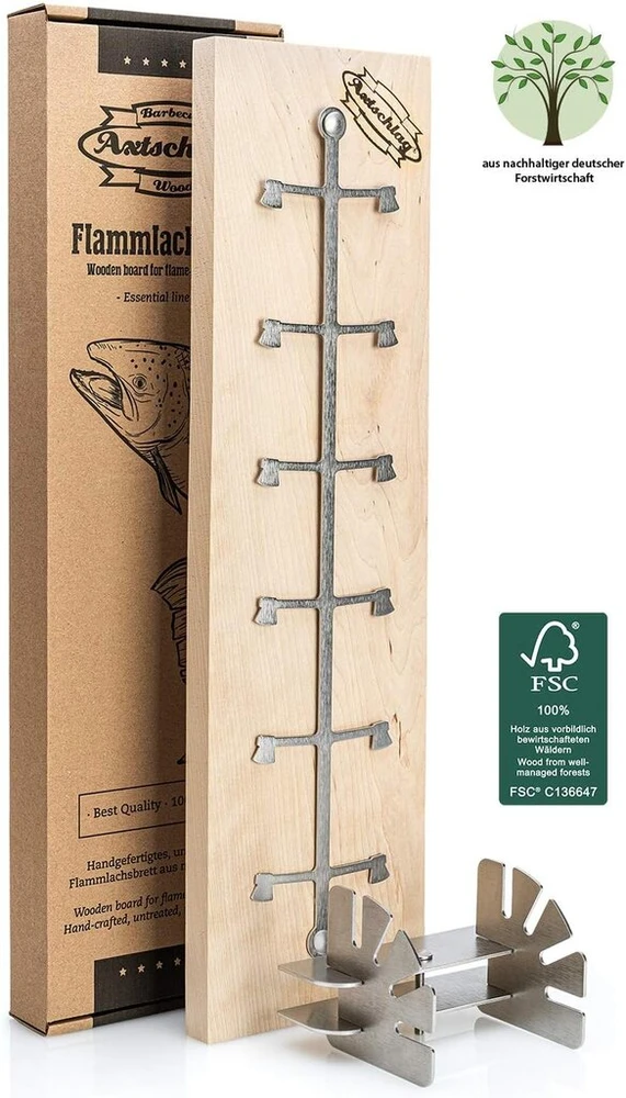 Essential Line Flame lašišos lenta, beržo mediena, ypač tvirta, 4 krypčių ir bbq prieskonių mišinys lašišai, unikalaus mėsos, žuvies ir daržovių skonio, 250 g sausas marinatas, uždaromas