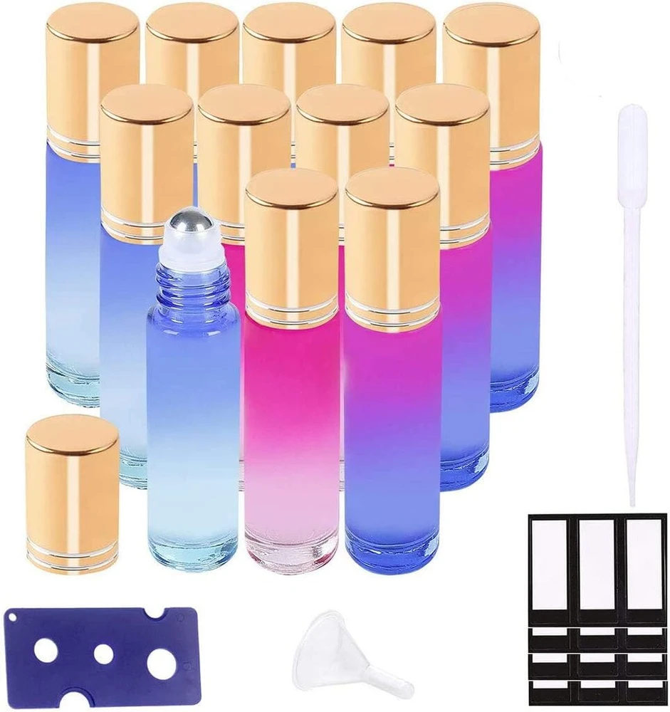 Eterinių aliejų buteliukai su nerūdijančio plieno voleliais 10 ml aromatiniams ir kvapniems aliejams, daugkartinio naudojimo, 12 vnt. (piltuvėlis, atidarytuvas, etiketės, plastikinės pipetės)