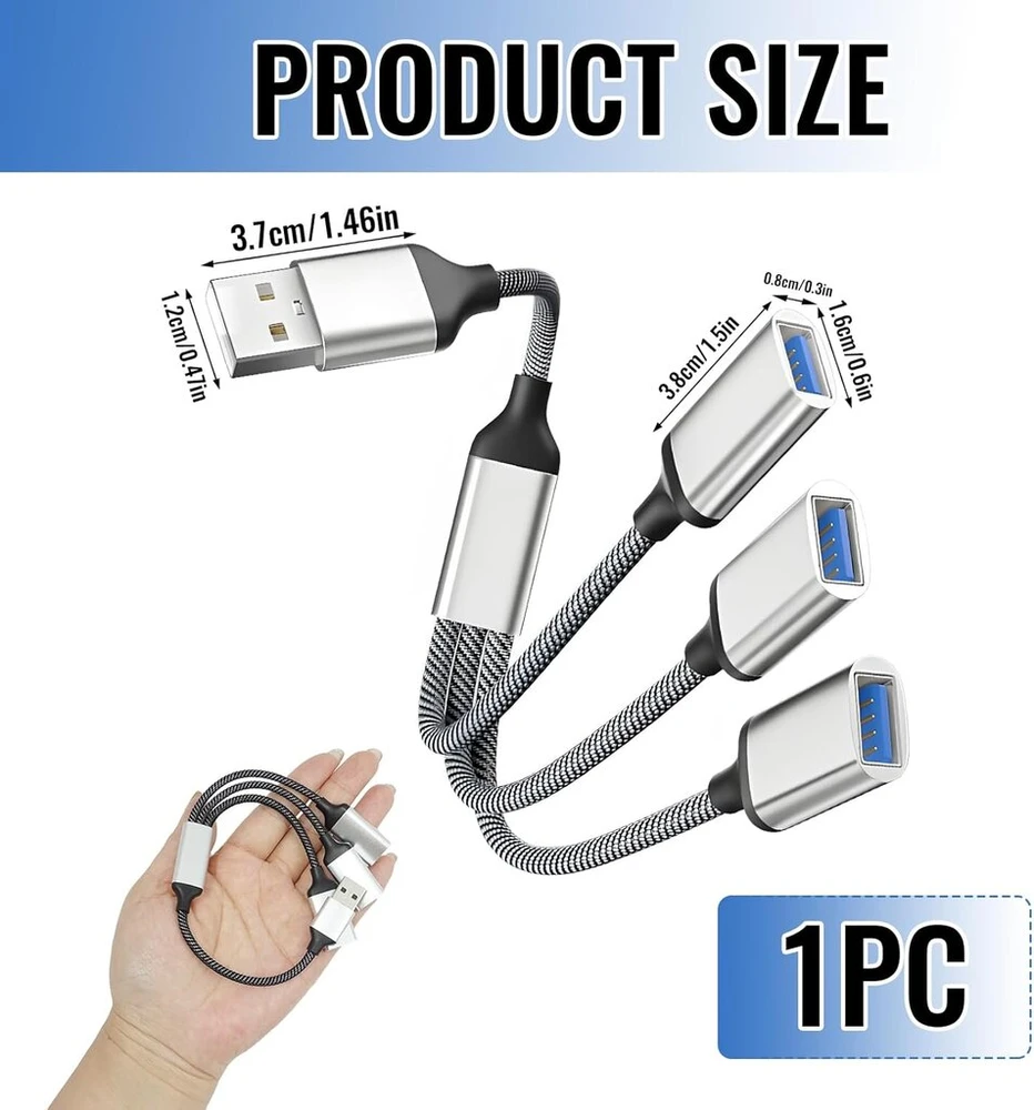 Euacesry Usb skirstytuvas 1 į 3, Usb 2.0 skirstytuvo Y kabelis įkrovimo kabelis maitinimo kabelis prailginimo šakotuvas adapteris, duomenų šakotuvas skyriaus dokas maitinimo šakotuvas duomenų perdavimui, suderinamas su nešiojamuoju kompiuteriu