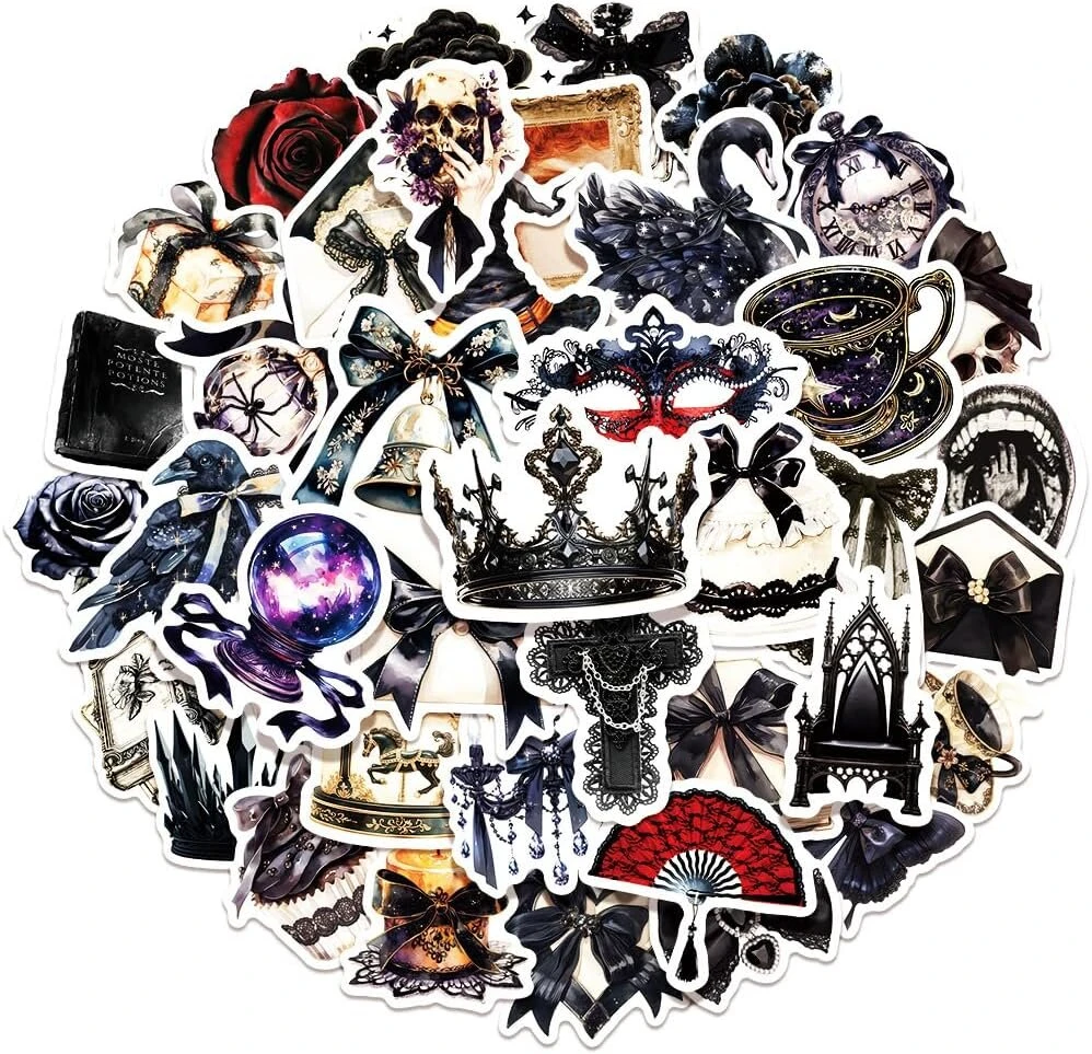 Euffo graffiti gothic lipdukų rinkinys, 50 vnt., vandeniui atsparūs, vintažiniai juodi ir raudoni lipdukai nešiojamam kompiuteriui, kindle, motociklui, scrapbooking'ui, dienoraščiui, lagaminui, dviračiui, riedlentei, šalmui, anime lipdukai suaugusiems