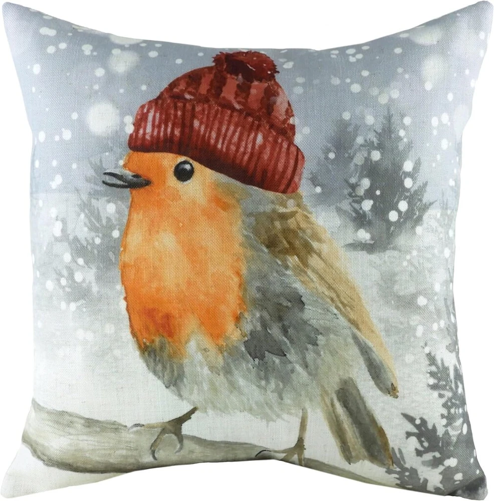 Evans Lichfield Watercolour Feather Filled Cushion Robin with Hat