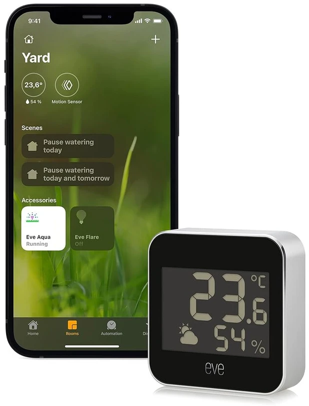 Eve Shutter Switch - išmanusis roletų valdiklis su integruotais tvarkaraščiais ir orų sąlygomis - išmanioji orų stotis, skaitmeninis termometras ir higrometras su orų tendencijų ekranu