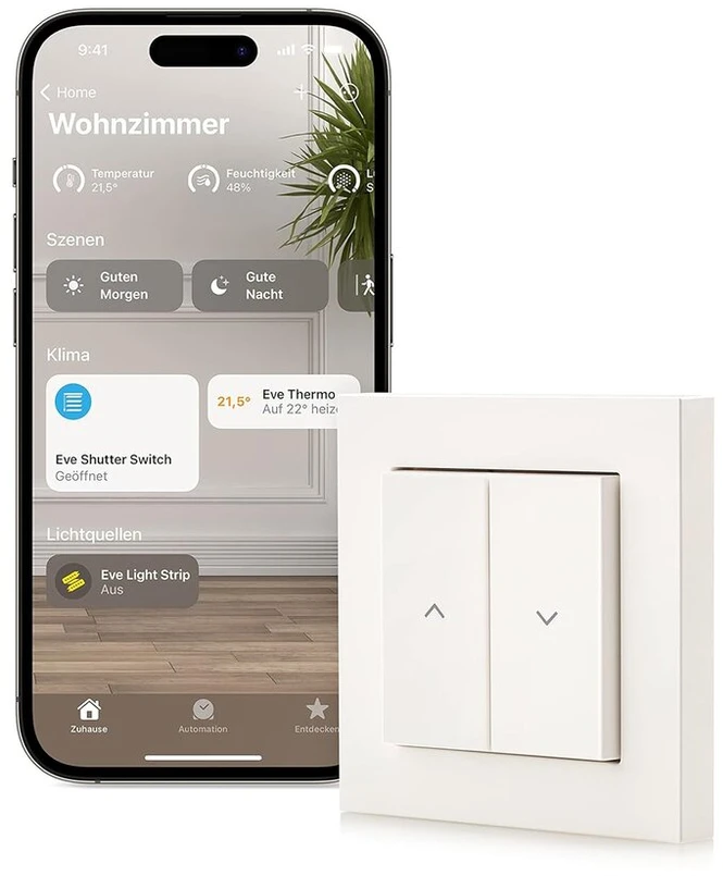 Eve Shutter Switch - išmanusis roletų valdiklis su integruotais tvarkaraščiais ir orų sąlygomis - išmanioji orų stotis, skaitmeninis termometras ir higrometras su orų tendencijų ekranu