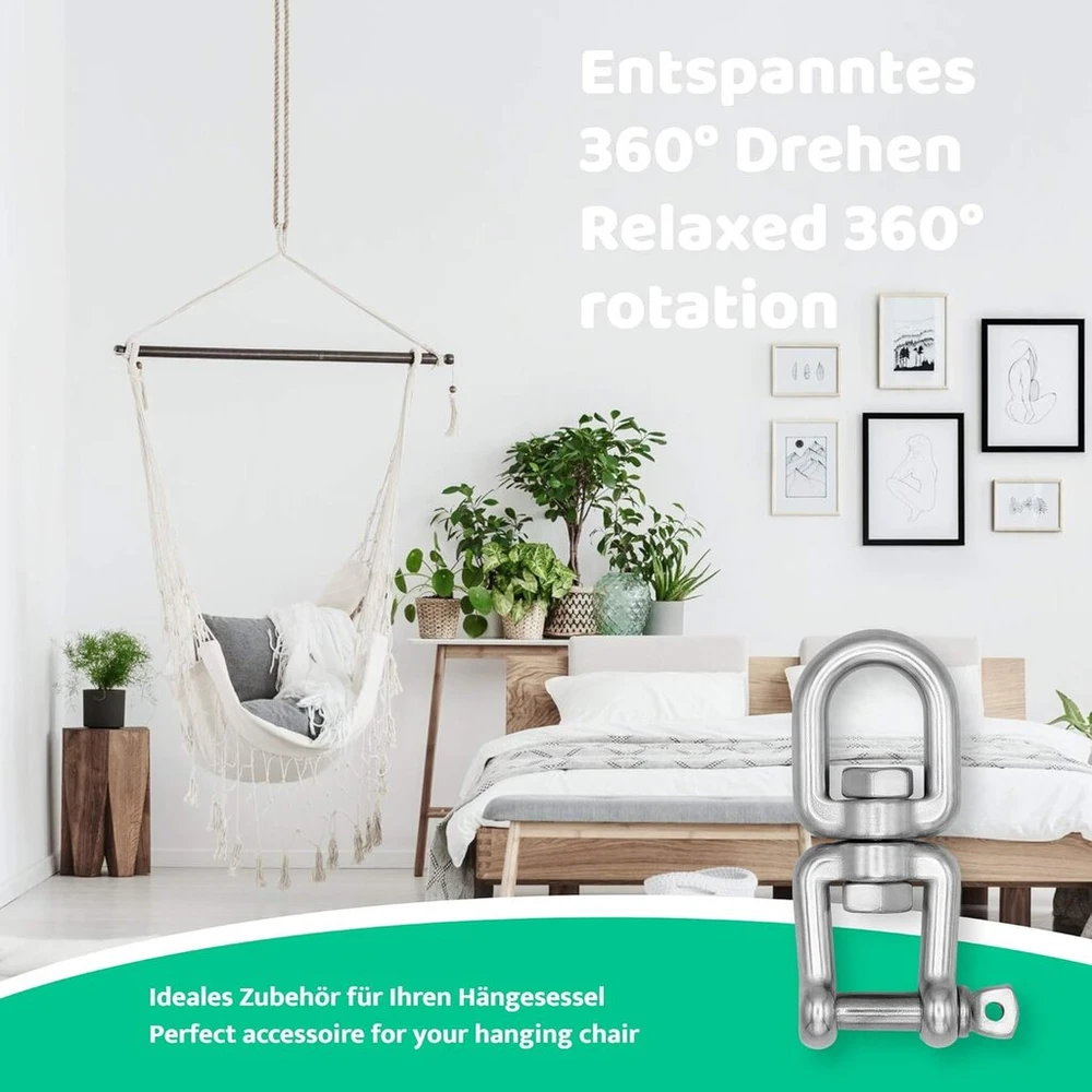 Everlar® Nerūdijančio plieno suktukas I 10 mm 500 kg I Patogus, saugus ir tylus pakabinamo krėslo, bokso kriaušės, grilio suktuko ir kt. sukimas I Didelis atsparumas ir atsparumas oro sąlygoms I Akis + šakė