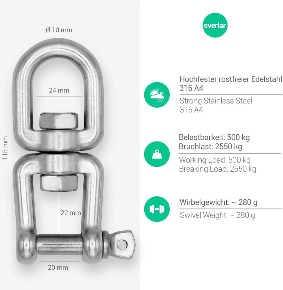 Everlar® Nerūdijančio plieno suktukas I 10 mm 500 kg I Patogus, saugus ir tylus pakabinamo krėslo, bokso kriaušės, grilio suktuko ir kt. sukimas I Didelis atsparumas ir atsparumas oro sąlygoms I Akis + šakė