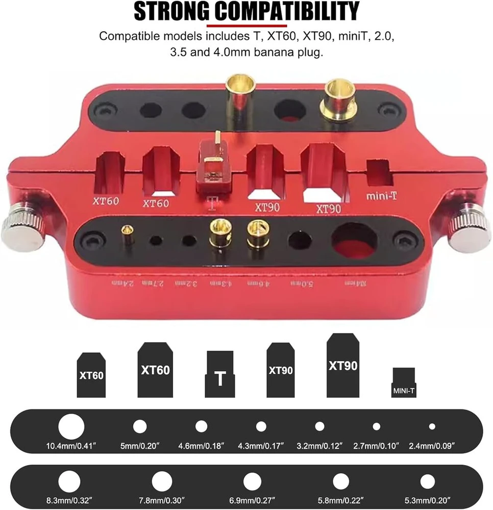 Evtscan nešiojama litavimo stotis, litavimas nuo 2,4 mm iki 10,4 mm bananų kištukui, xt60 xt90 mini t jungtis, cnc litavimo įrankių laikiklis aliuminio lydinys, skirtas rc dronų akumuliatoriams prie elektronikos