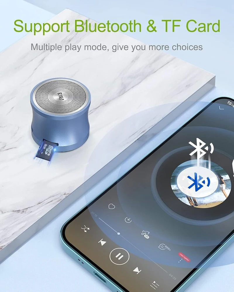 Kompiuterio kolonėlės Ewa A109mini - mažas nešiojamas bluetooth garsiakalbis, galingas garsas su bosais, palaiko tf kortelę ir asmenukes, puikus mini garsiakalbis kelionėms, namams, žygiams ir kt. (mėlynas)