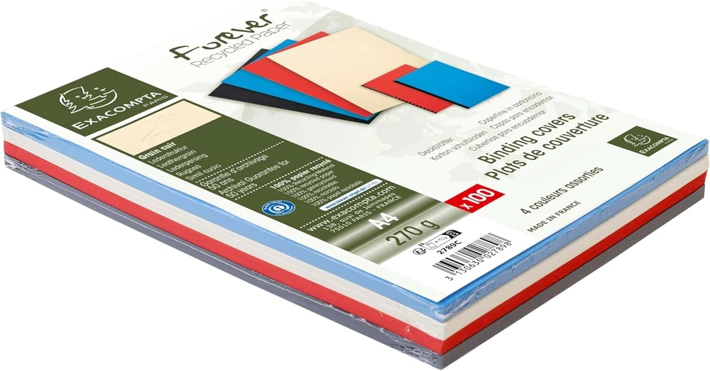Exacompta 2789c, 100 vnt. Din A4 formato rišimo viršelių, skirtų Forever rišimo sistemoms, pagaminti iš perdirbto kartono, įvairių spalvų, tinkami naudoti su Serodo rišikliais, plastikiniais žiedais, metaliniais žiedais ir kt.
