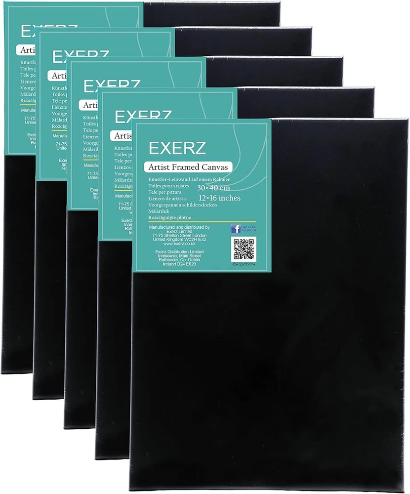 Exerz drobės rėmas, juodas, 30 x 40 cm, 5 vnt. rinkinys, 280 gsm, 1,7 cm storio, 100% medvilnė, trigubas gruntas, be rūgščių, vidutinio grūdėtumo, įrėminta meno drobė