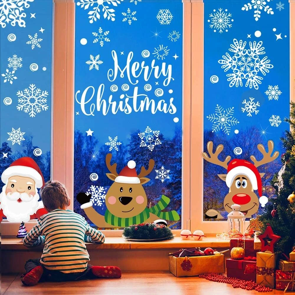 Eyscoco snaigės, 360 snaigių langų dekoracijos su santa elniu, nuimami langų lipdukai kalėdoms