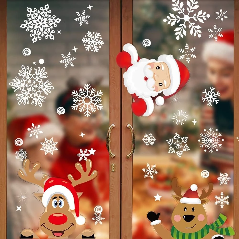 Eyscoco snaigės, 360 snaigių langų dekoracijos su santa elniu, nuimami langų lipdukai kalėdoms