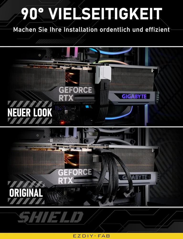 Ezdiy-fab Shield Pcie 5.1 Gpu maitinimo adapteris 12vhpwr/12v2x6 16 kontaktų stačiu kampu skirtas 12+4 kontaktų Rtx 3090ti 4070ti 4080 4090 Gpu, 90 laipsnių kampu Std tipas, baltas, 1 vnt.